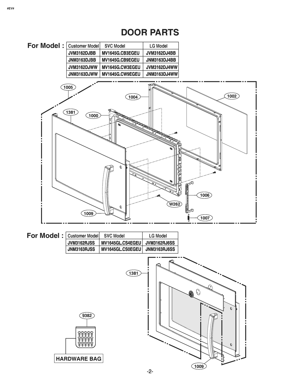 Door Parts Diagram and Parts List for JVM3162DJBB CB3EGEU LG Microwave Oven Combo