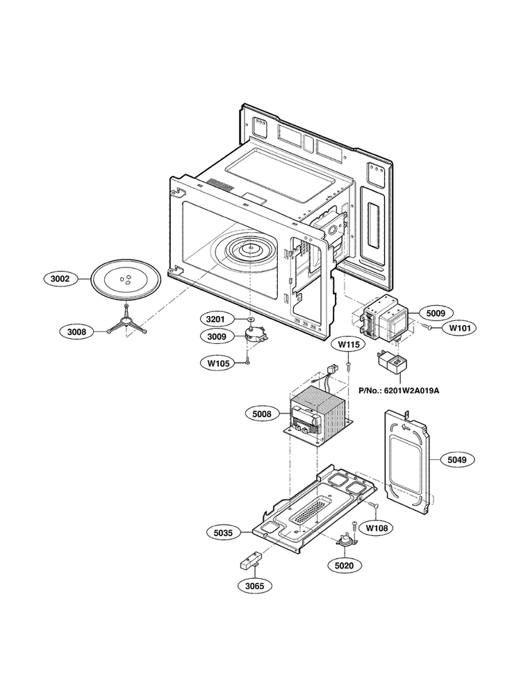 Interior Parts Diagram and Parts List for LMV1314B01  LG Microwave