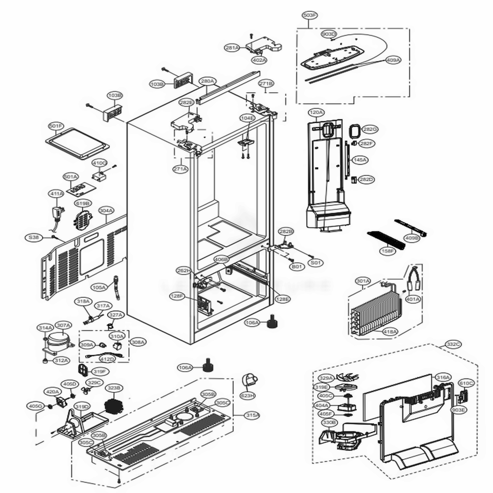 Case Parts Diagram and Parts List for LFNS22520D ASBCNA2 LG Refrigerator