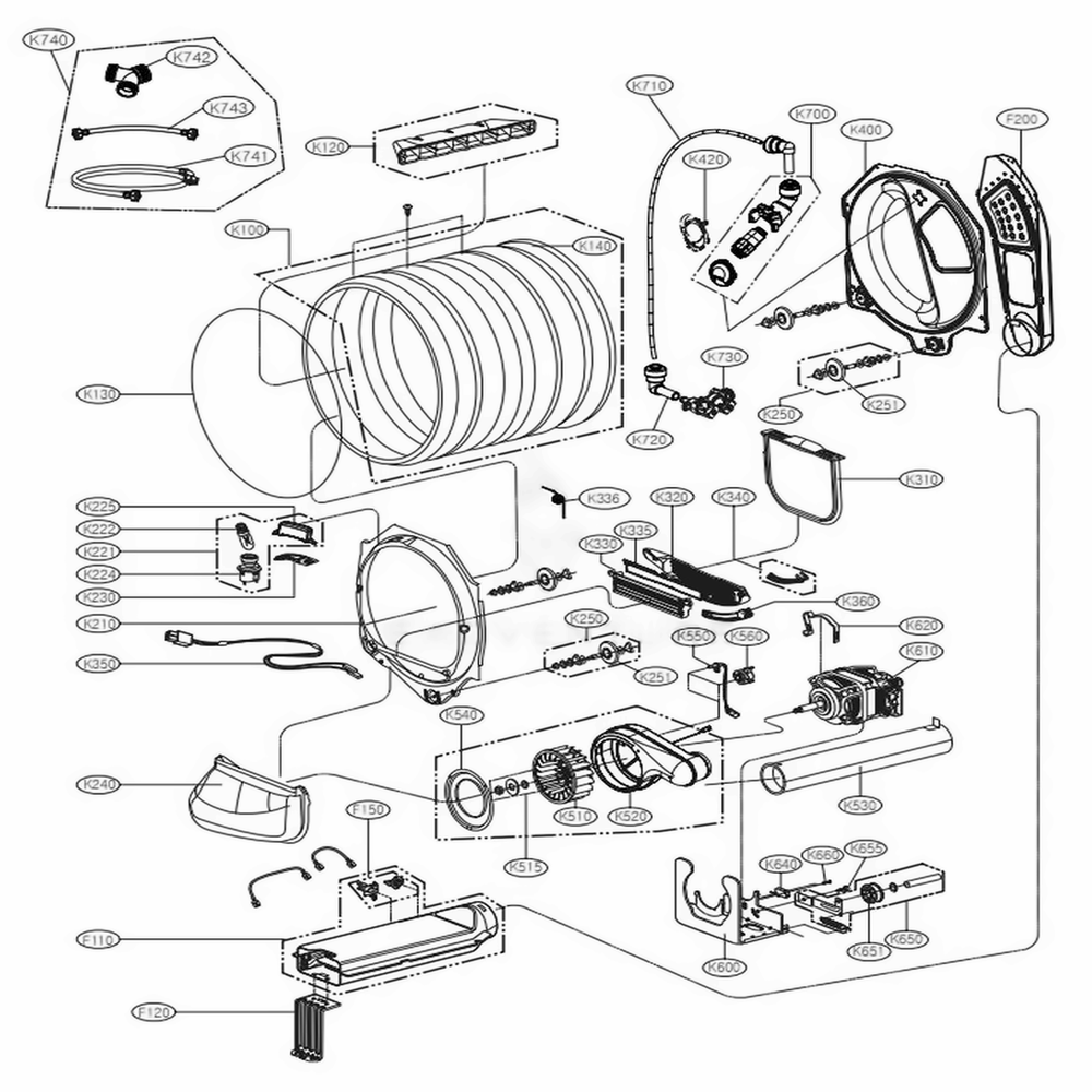 Drum And Motor Assembly Diagram and Parts List for DLEY1201W ABWEEUS LG Dryer