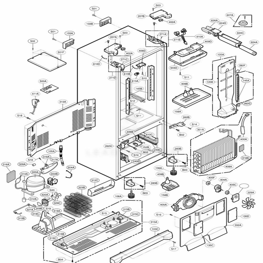 Case Parts Diagram and Parts List for 78712 ASWCSER LG Refrigerator