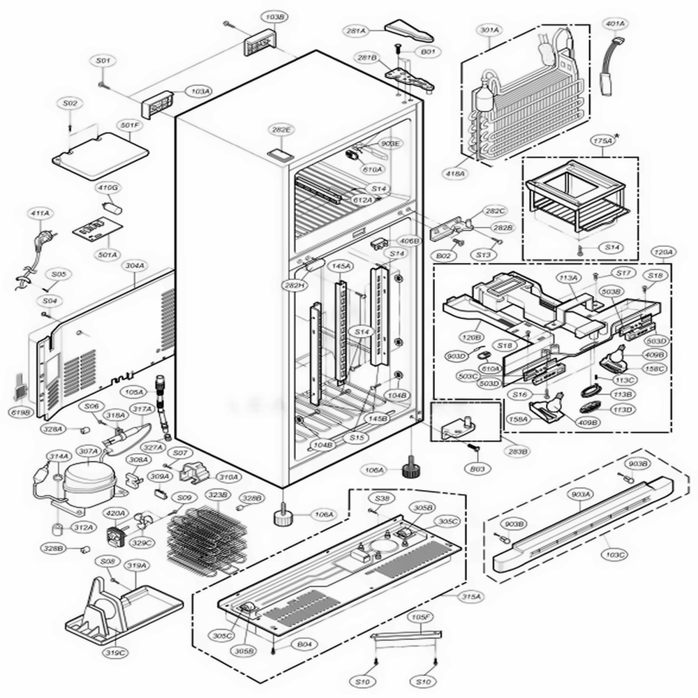 Case Parts Diagram and Parts List for 73962 ASWCSEA LG Refrigerator