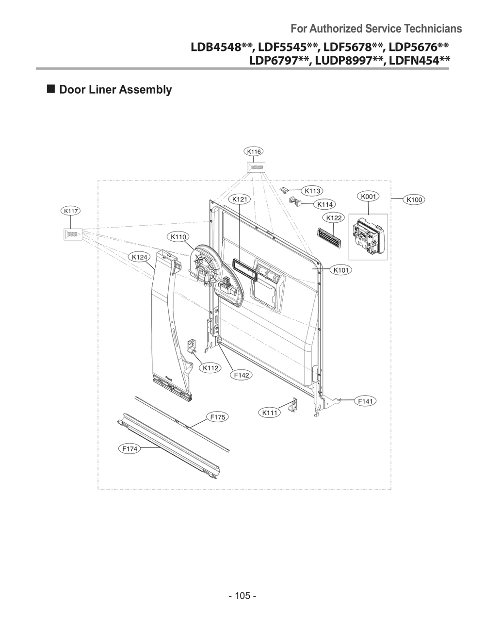 Door Liner Assembly Diagram and Parts List for DUA513FD ABDESNA LG Dishwasher