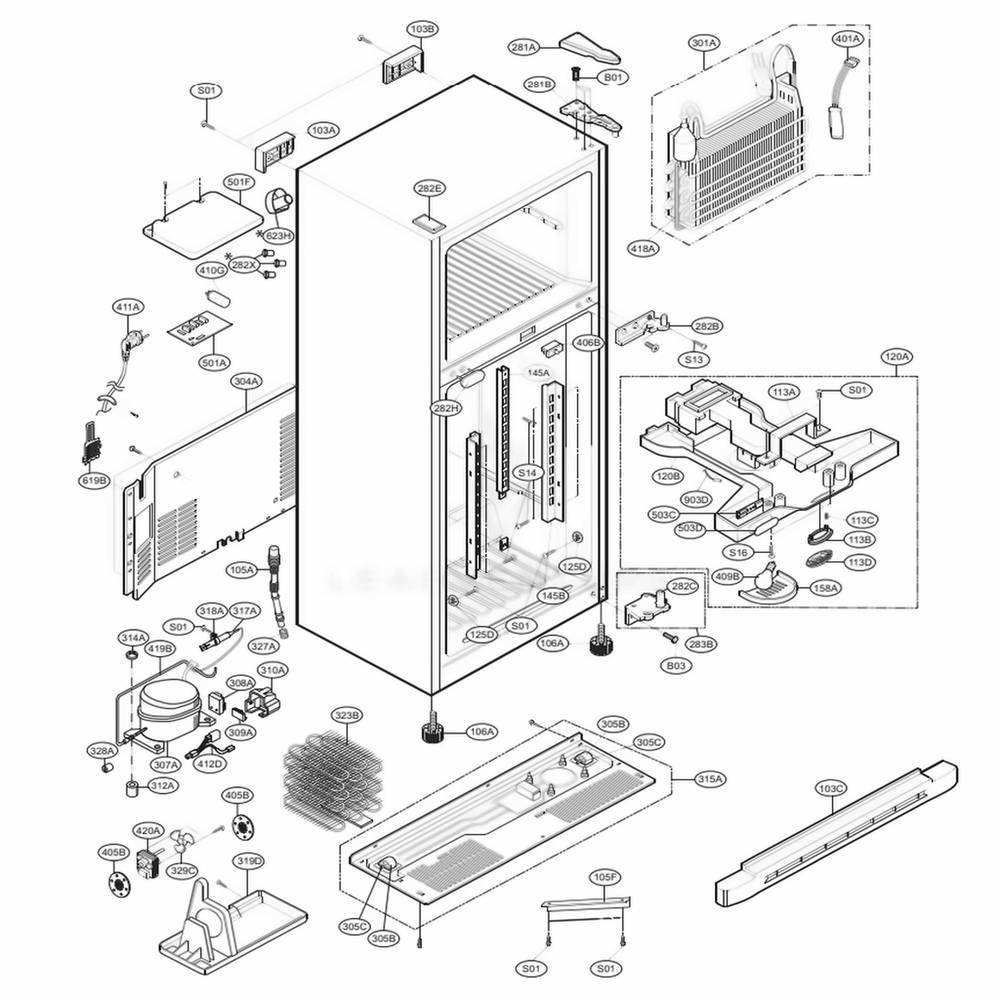 Case Parts Diagram and Parts List for 69919 AWB3SER LG Refrigerator