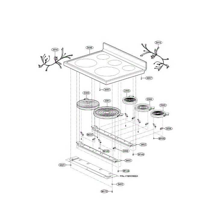Cooktop Diagram and Parts List for LRE30755SB 00 LG Range