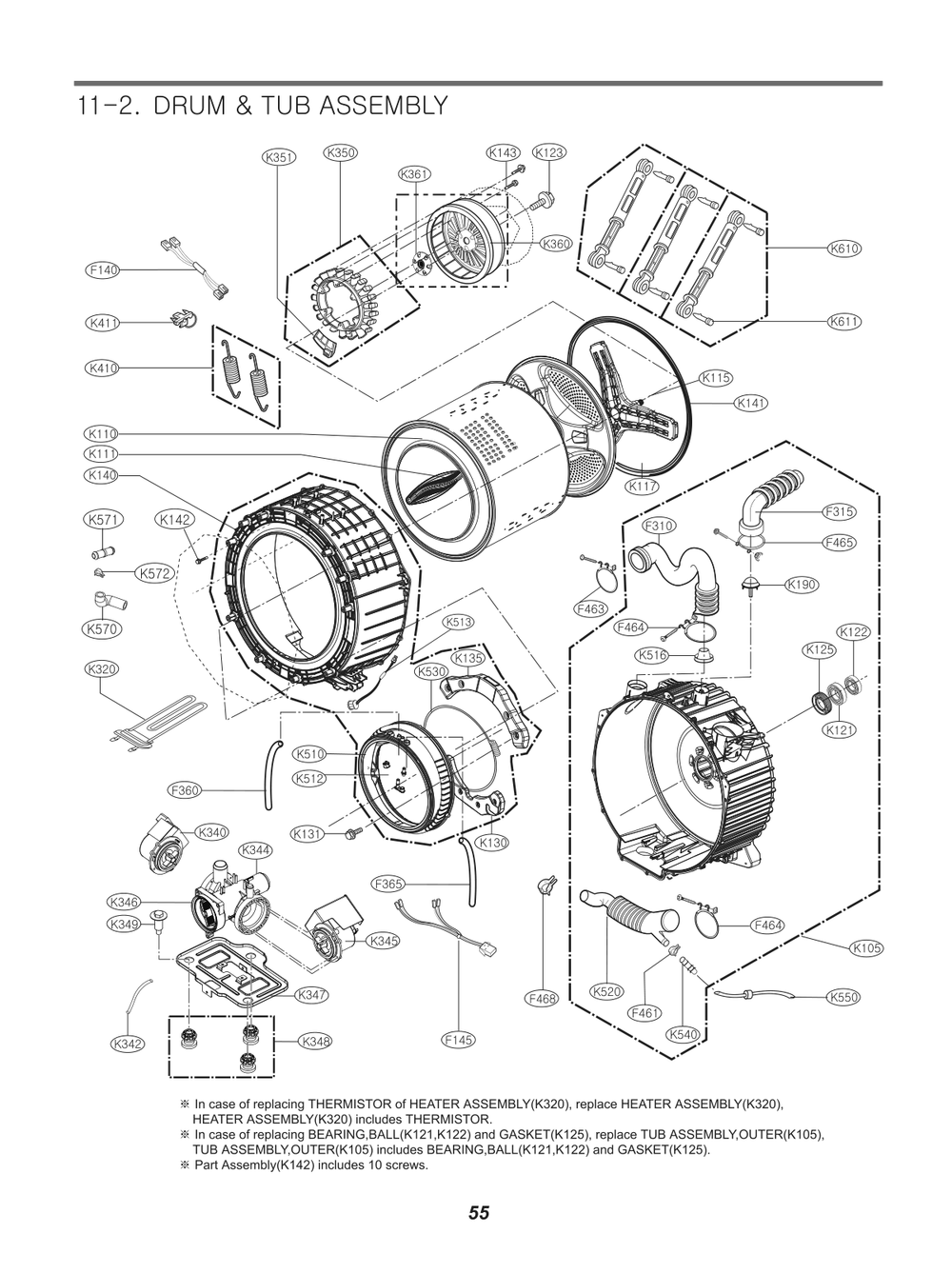 Drum And Tub Assembly Diagram and Parts List for F1387FDS ABWEEUS LG Washer