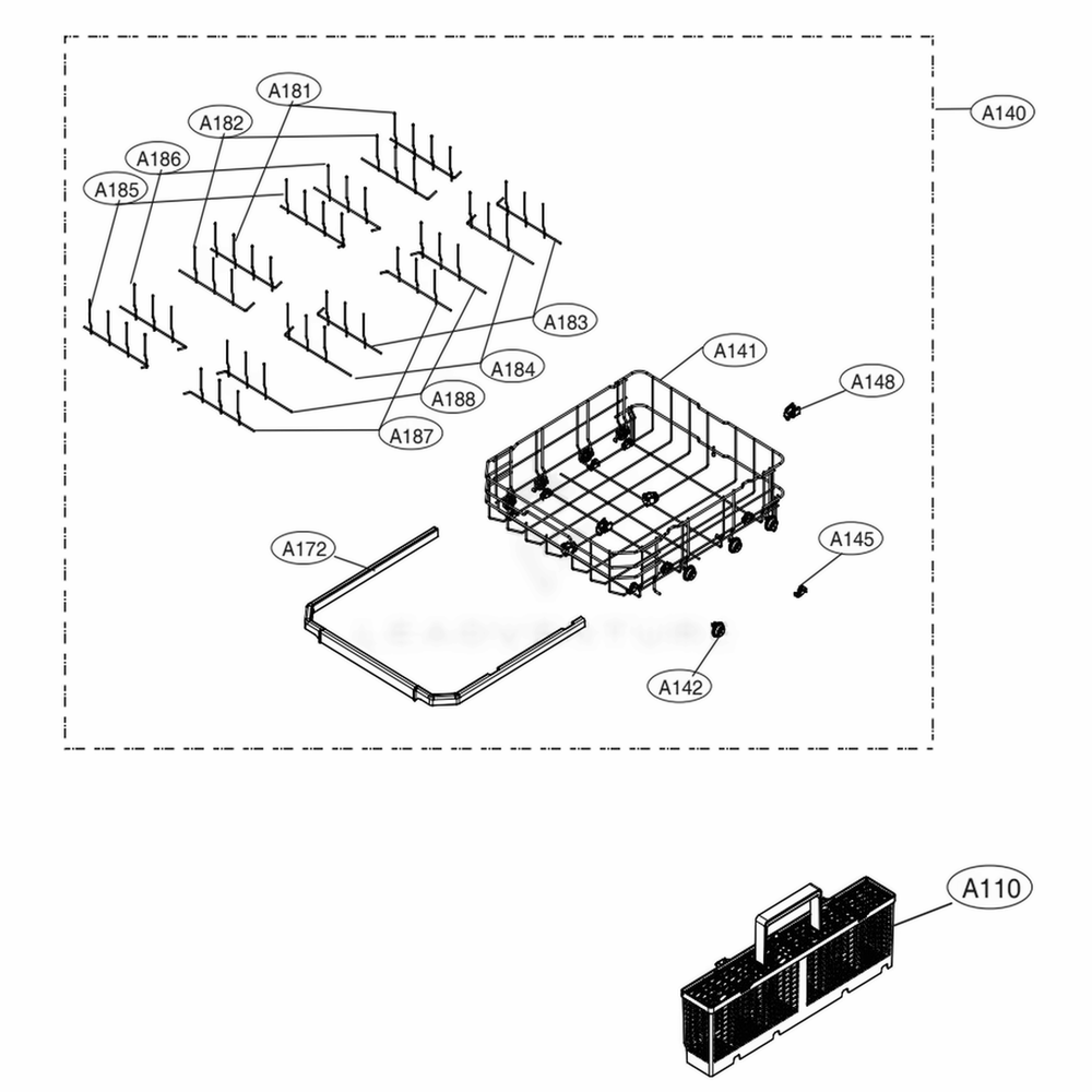 Lower Rack Assembly Diagram and Parts List for LUDP8997SN ASTEEUS LG Dishwasher