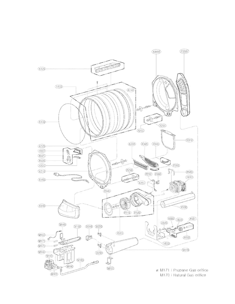 Drum And Motor Assembly Parts Diagram and Parts List for DLG1102W  LG Dryer