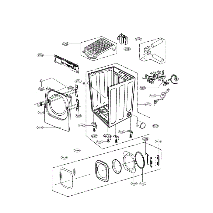 Cabinet And Door Assembly Diagram and Parts List for DLGX3876W 00 LG Dryer