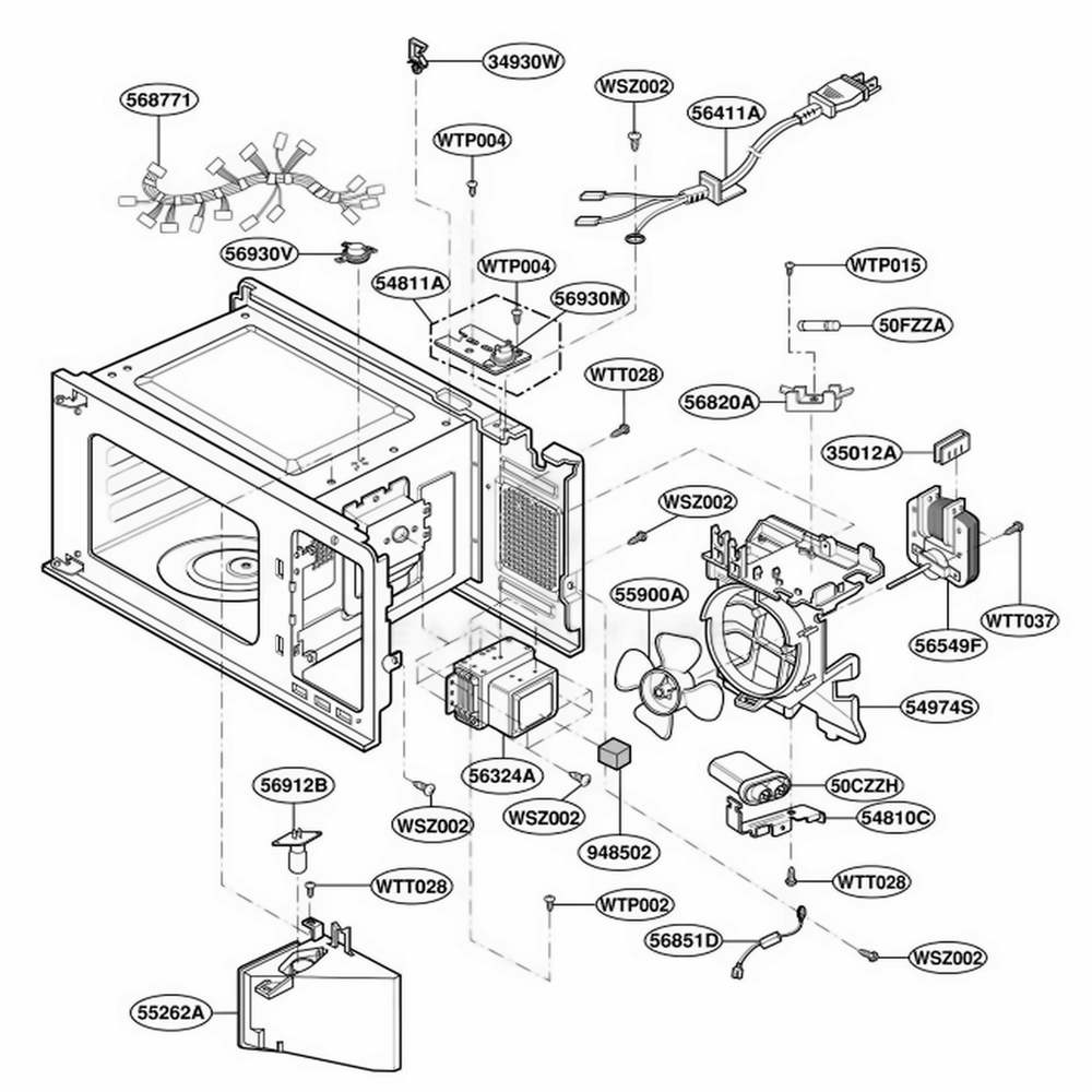 Interior Parts Diagram and Parts List for JE1340BC ABKEGEU LG Microwave