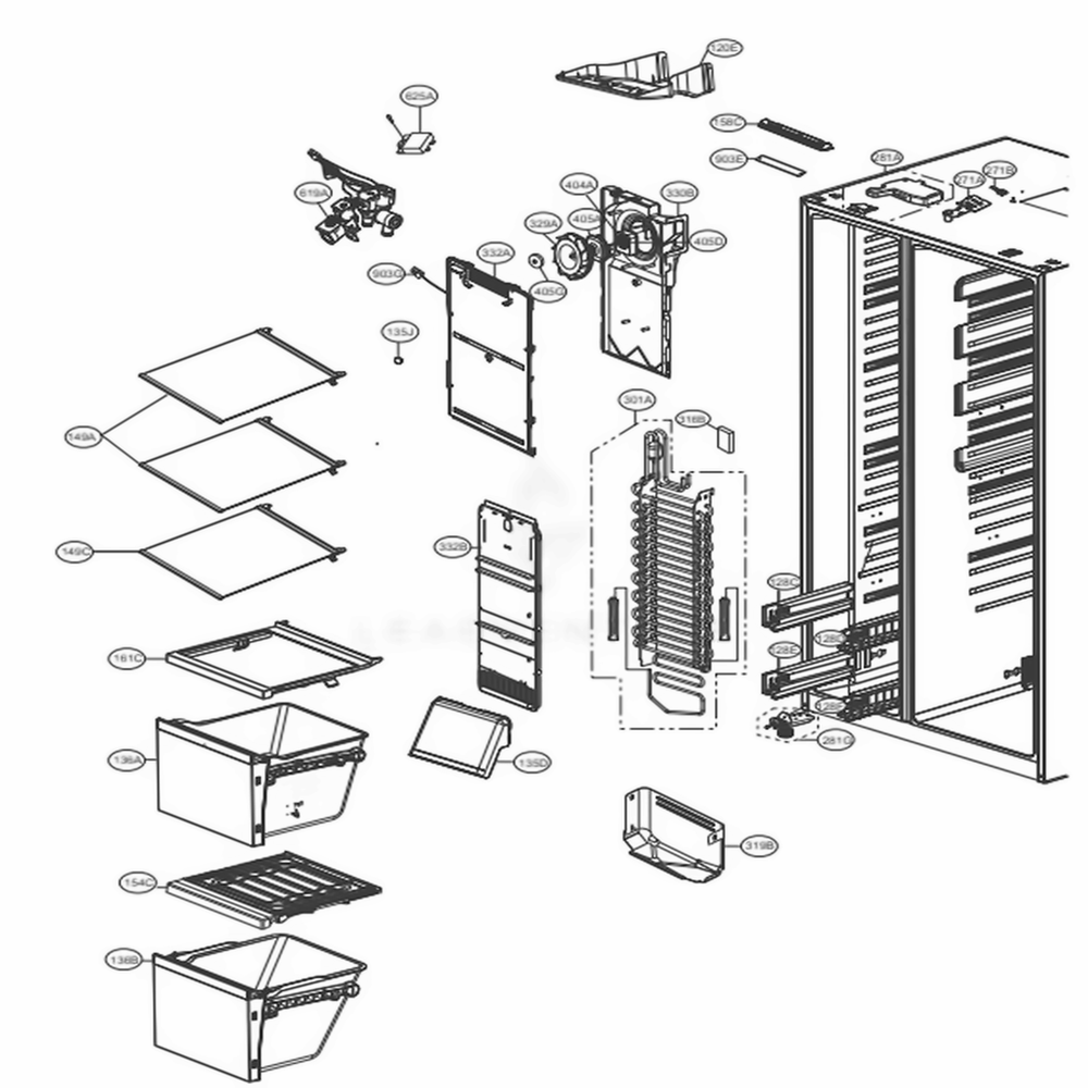 Freezer Compartment Diagram and Parts List for LSXC22426S ASTCNA5 LG Refrigerator