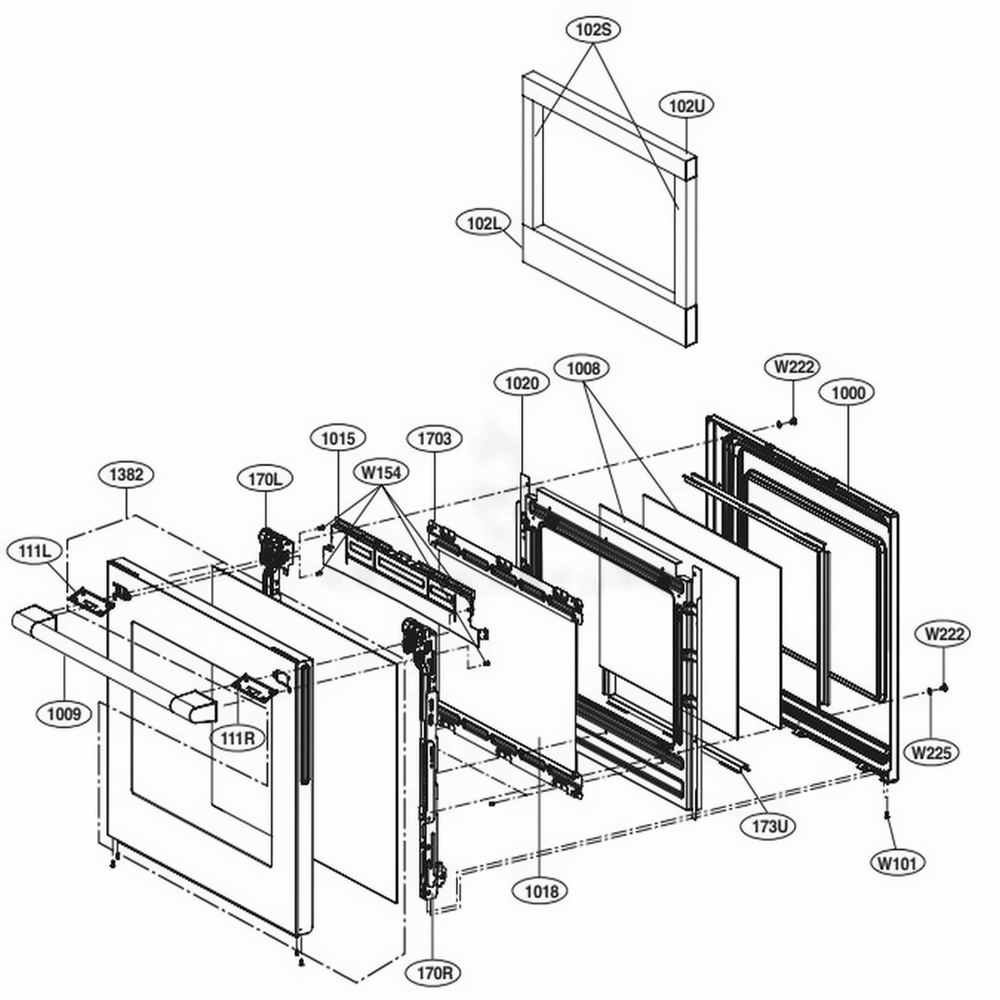 Door Parts Diagram and Parts List for UPSG3014ST AS1ESGN LG Wall Oven