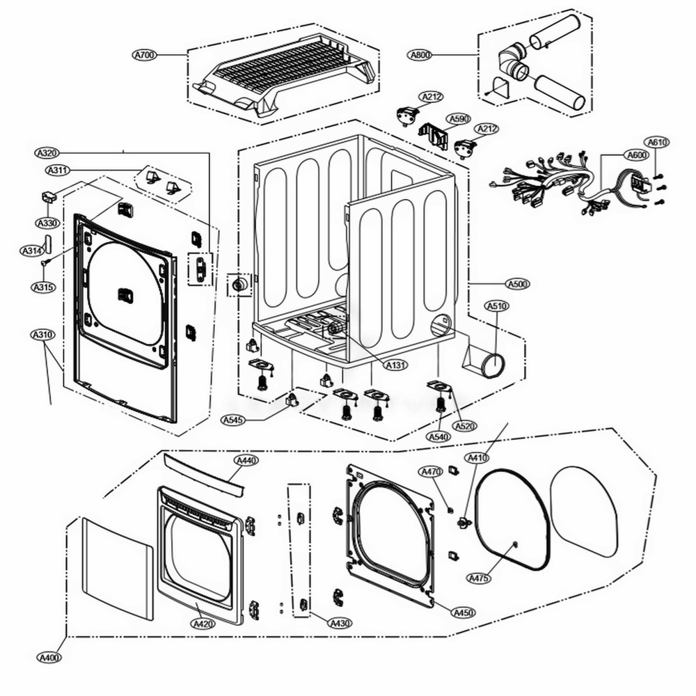 Cabinet And Door Assembly Diagram and Parts List for DLEX6001W ABWEEUS LG Dryer