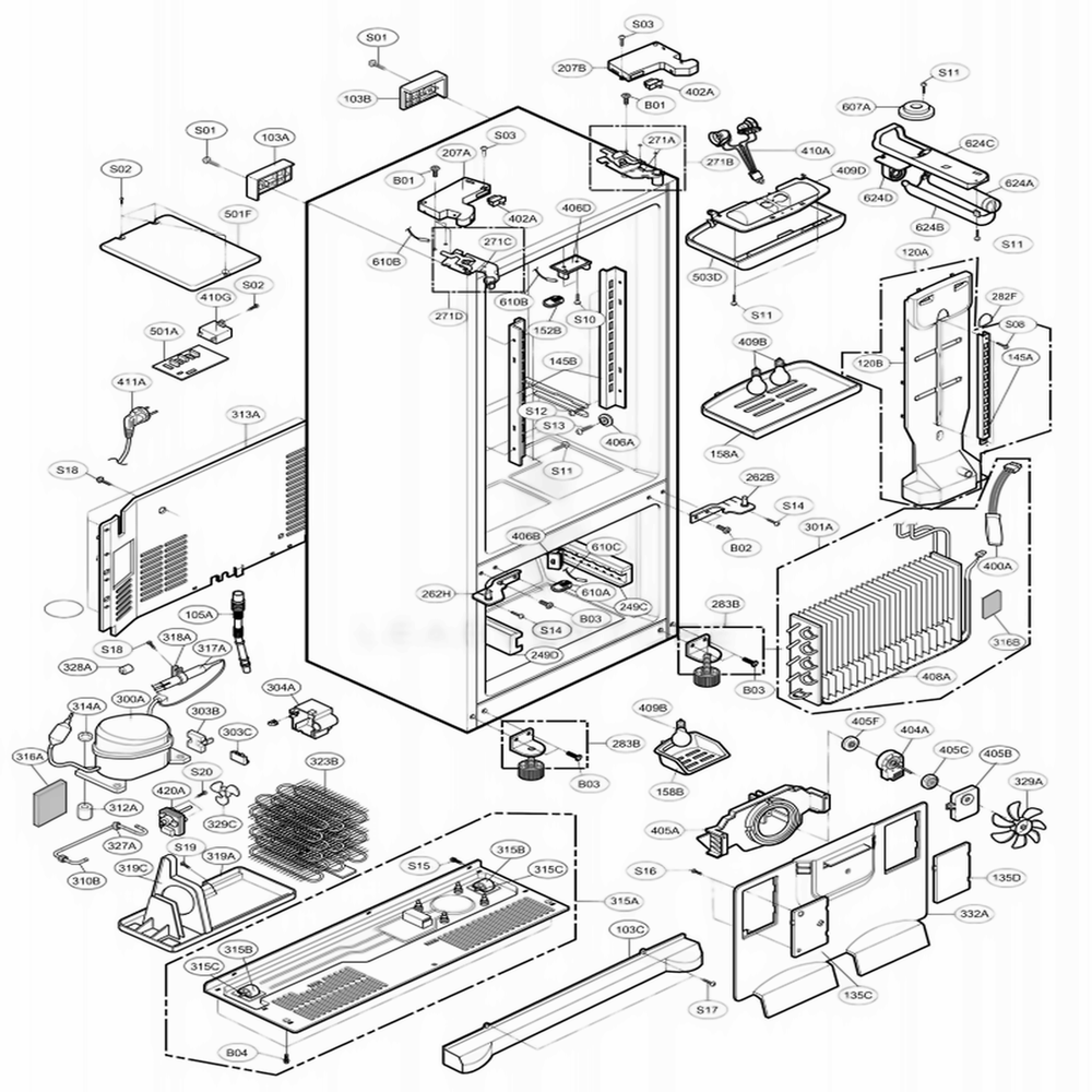 Case Parts Diagram and Parts List for 75552 ASWCSEF LG Refrigerator