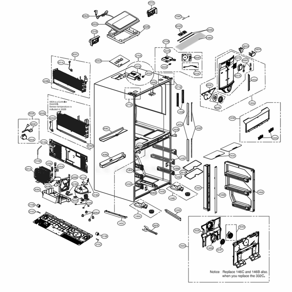 Case Parts Diagram and Parts List for LPXS30866D ASBCNA0 LG Refrigerator