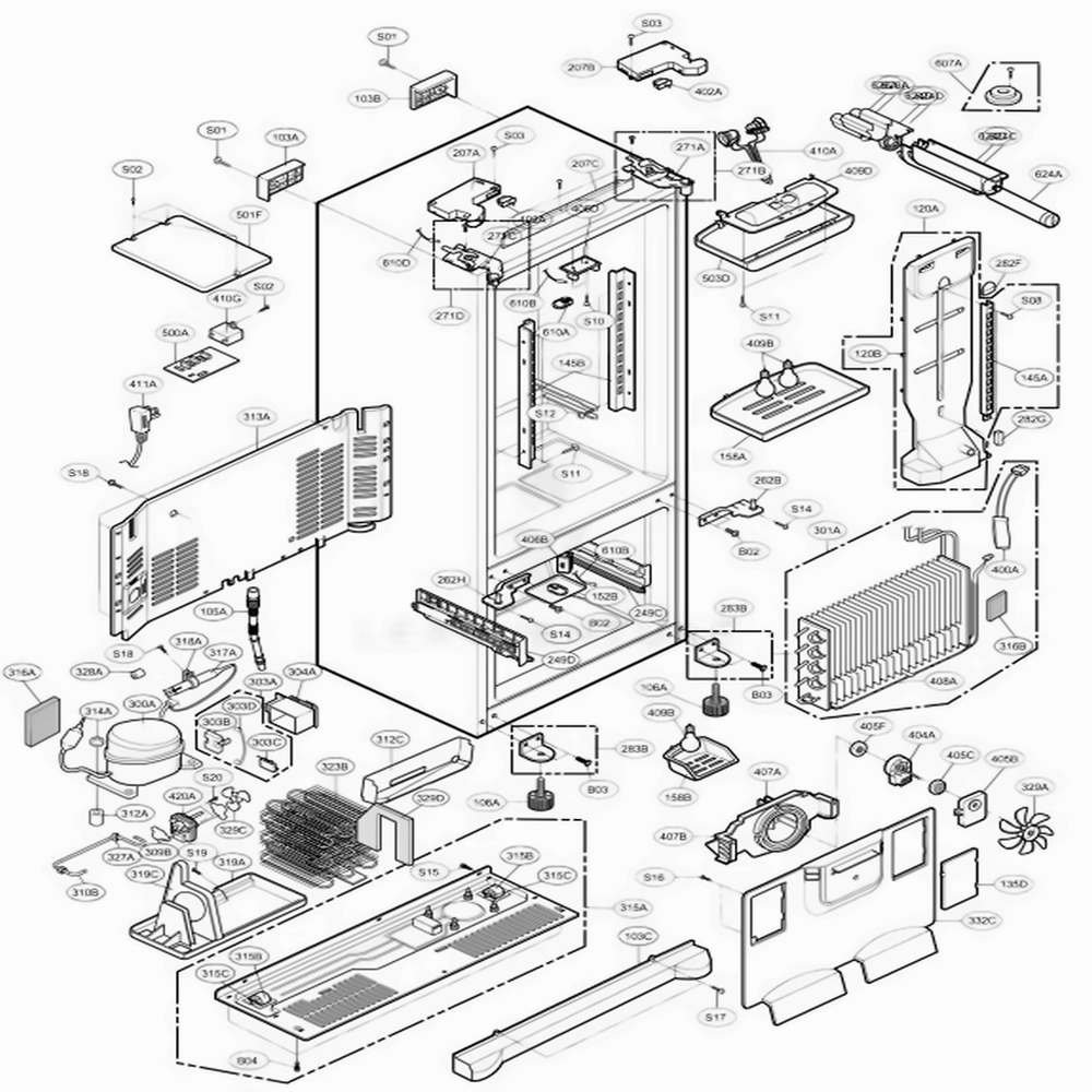Case Parts Diagram and Parts List for 78503 AST1SER LG Refrigerator