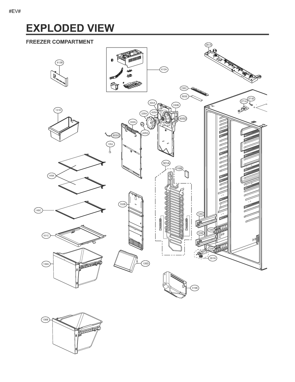 Freezer Compartment Diagram and Parts List for GM-M277SLRL APZCNA0 LG Refrigerator