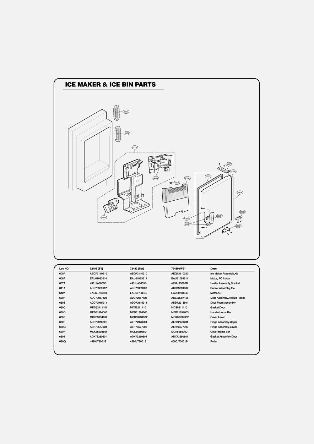 Ice Maker And Ice Bin Parts Diagram and Parts List for GR-L31GHQXM ASWCSE0 LG Refrigerator