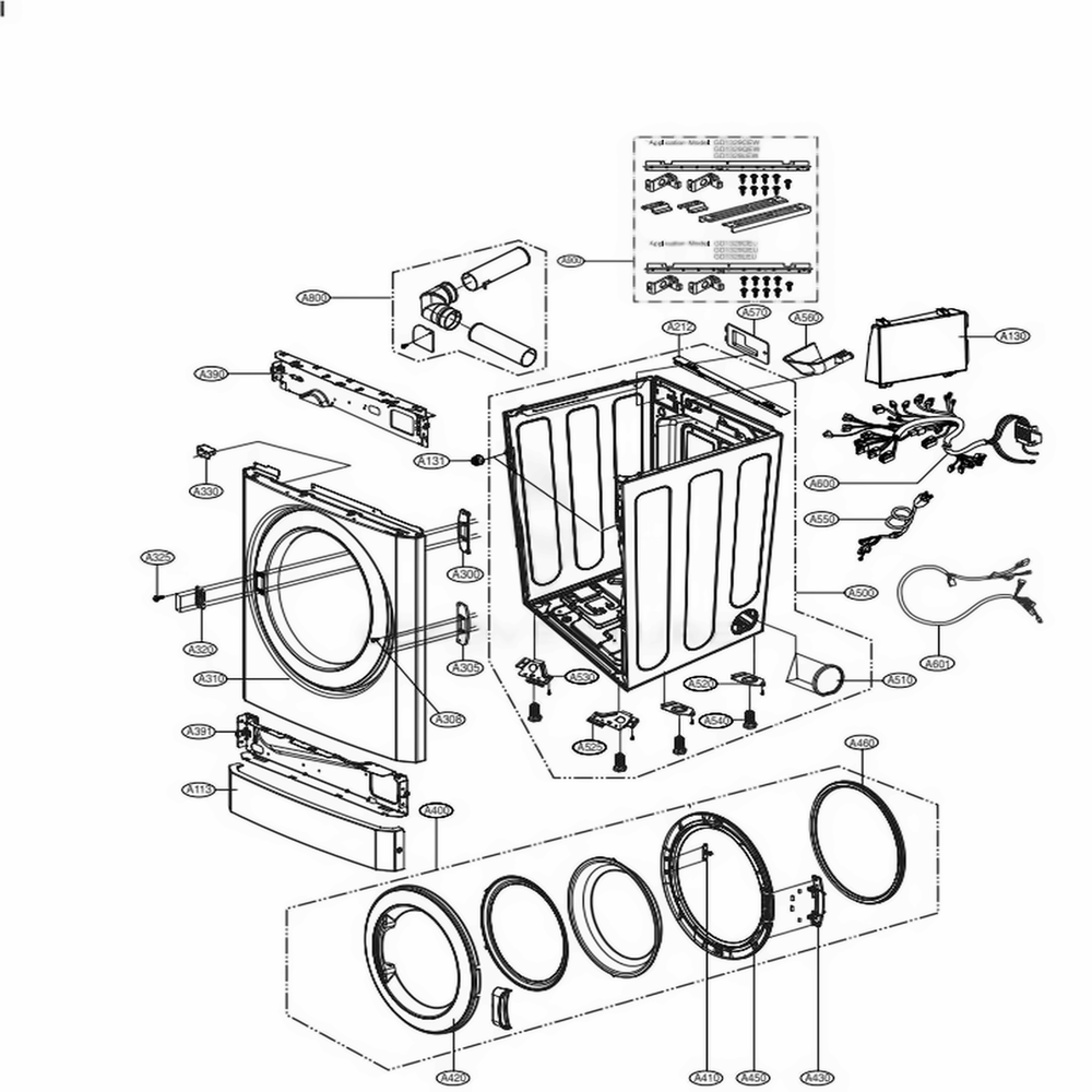 Cabinet And Door Assembly Electric Stack Lower Type Diagram and Parts List for GD1329LEW ABWEECI LG Washer