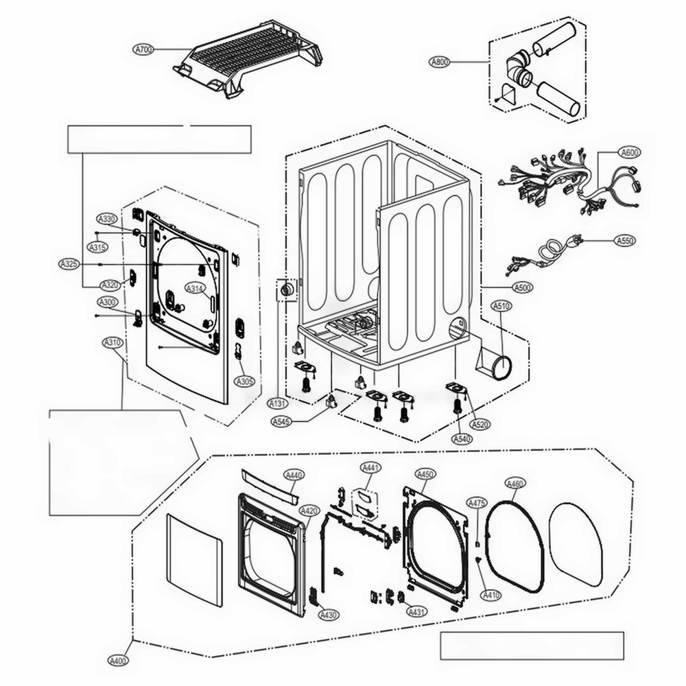 Cabinet And Door Assembly Gas Type Diagram and Parts List for 71463 ASTESEU LG Dryer