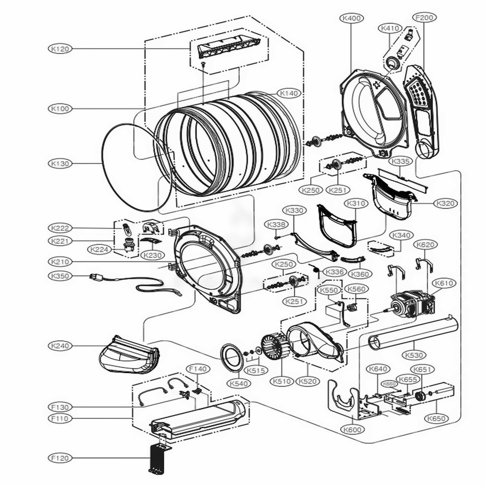 Drum And Motor Assembly Electric Type Diagram and Parts List for DLEX3250R ACREEUS LG Dryer
