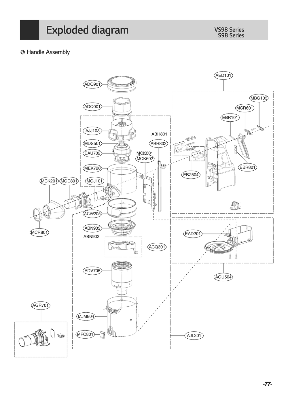 Handle Assembly Diagram and Parts List for A925KSM BFSELGA LG Upright Vacuum