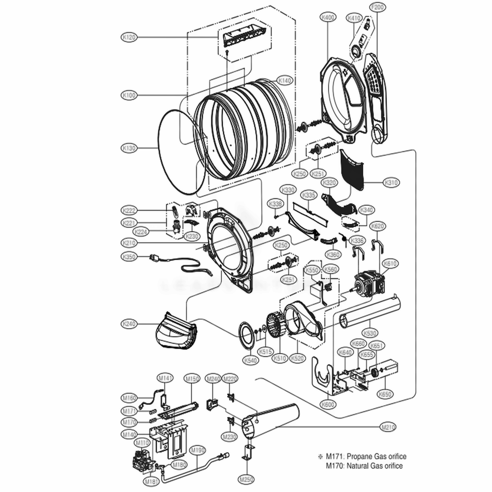 Drum And Motor Assembly: Gas Type Diagram and Parts List for DLGX3251V ASSEEUS LG Dryer