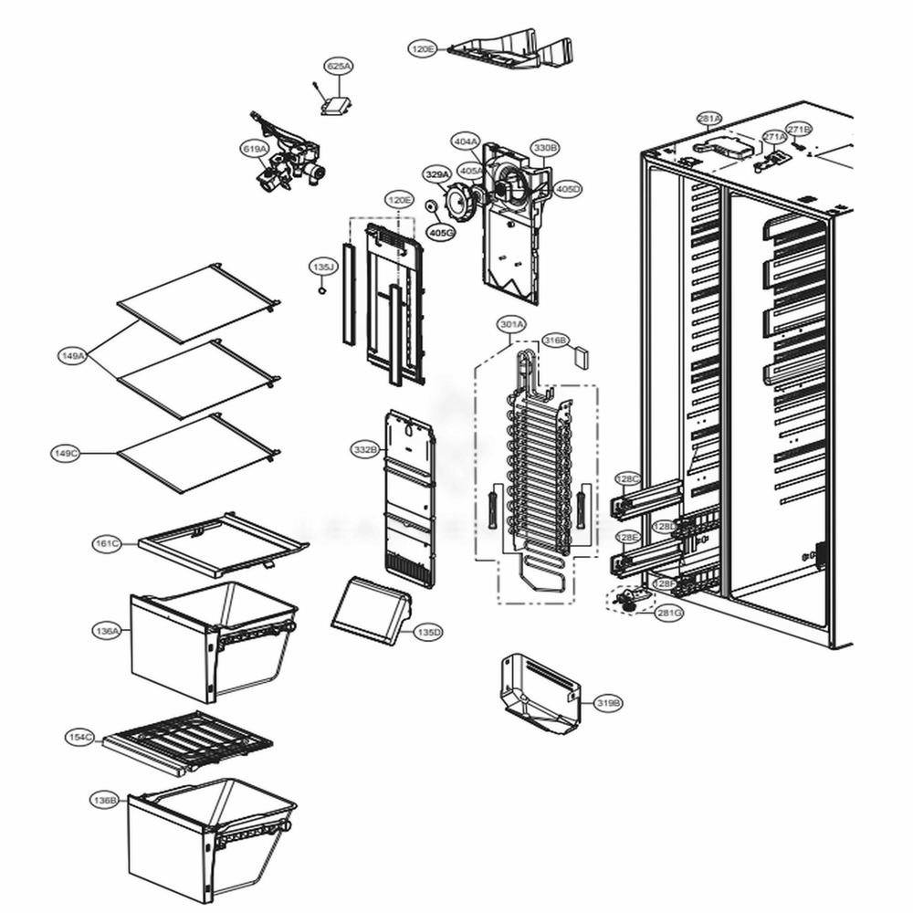 Freezer Compartment Diagram and Parts List for 51869 AWBCSE3 LG Refrigerator