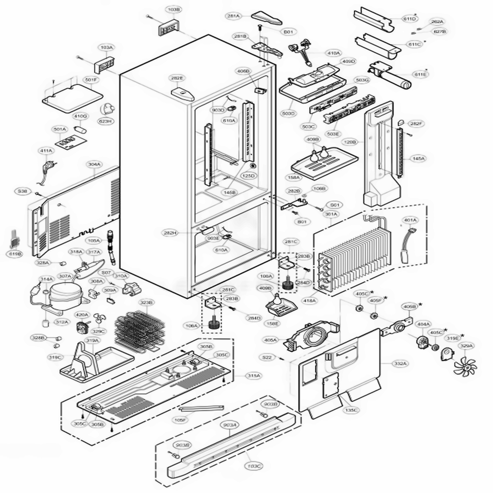 Case Parts Diagram and Parts List for LRDN20720BK AWBCLGX LG Refrigerator