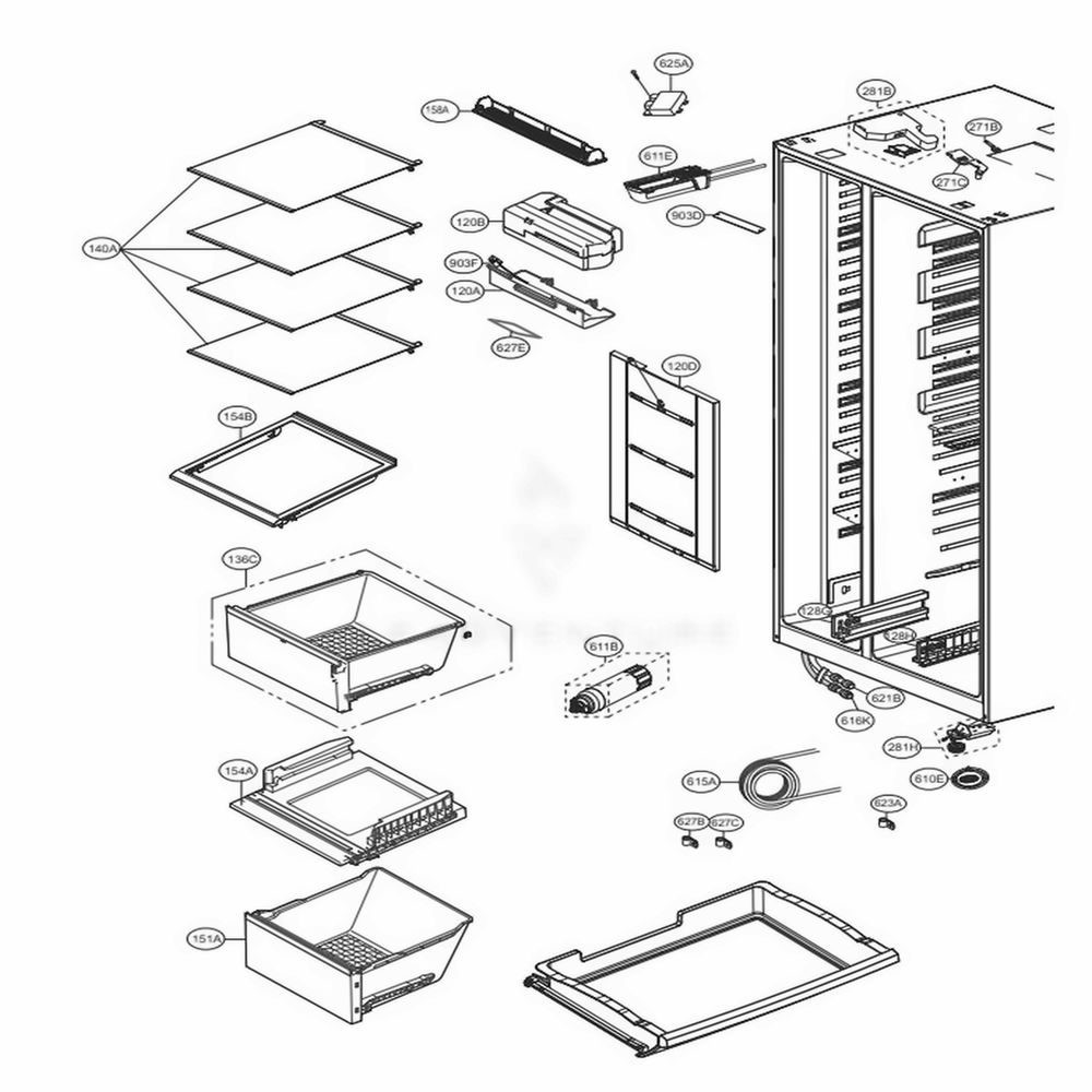 Refrigerator Compartment Diagram and Parts List for LSXC22426S ASTCNA1 LG Refrigerator