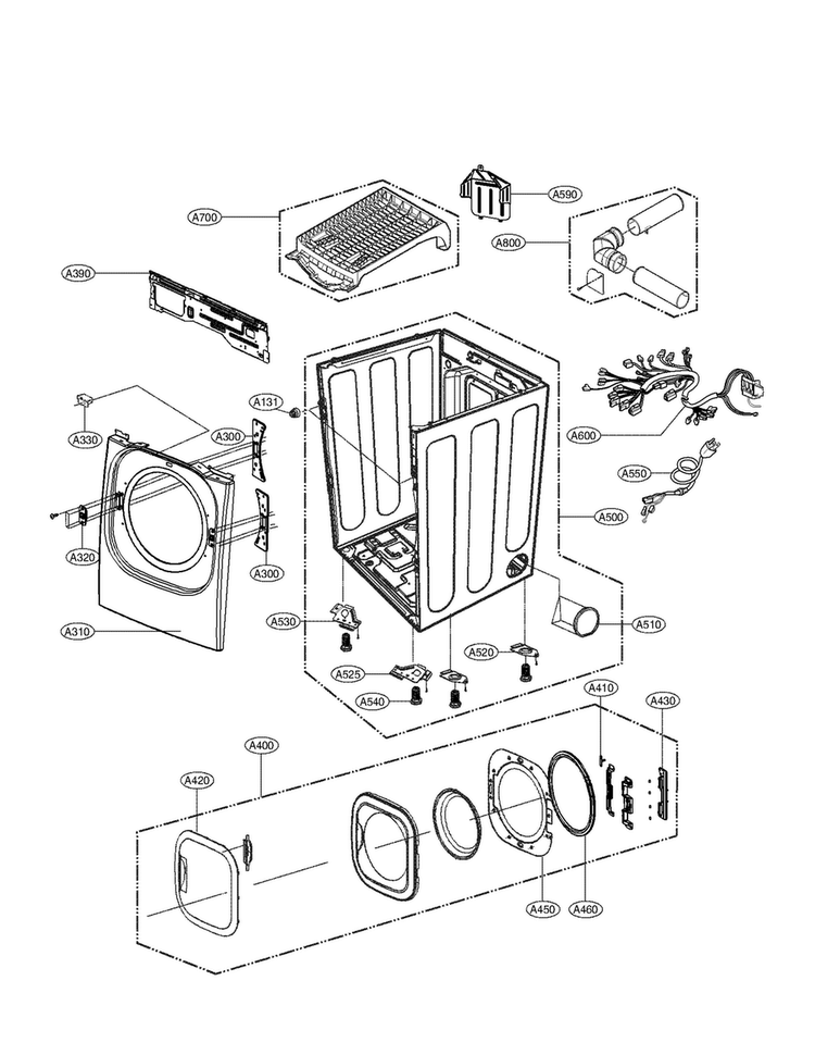 Cabinet And Door Assembly Parts Diagram and Parts List for DLGX3886W  LG Dryer