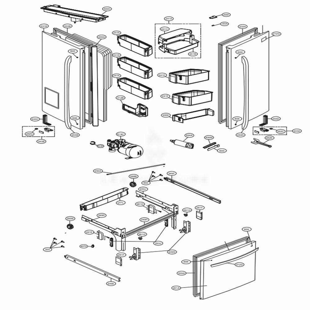 Door Parts Diagram and Parts List for 74307 ASBCSE0 LG Refrigerator