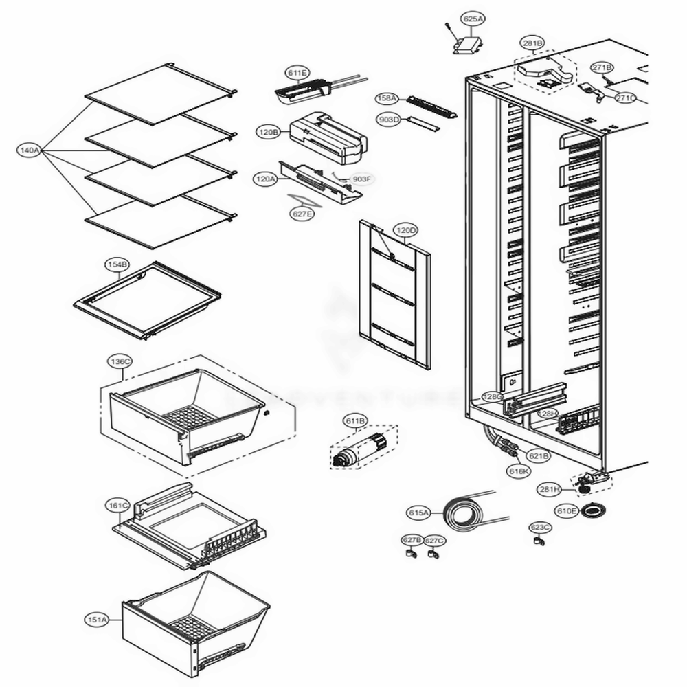 Refrigerator Compartment Diagram and Parts List for 51832 ASWCSE1 LG Refrigerator