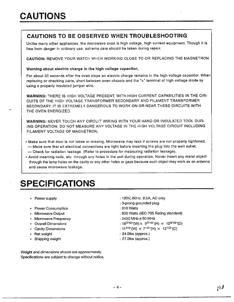 Cautions/specifications Diagram and Parts List for MA-682M  LG Microwave