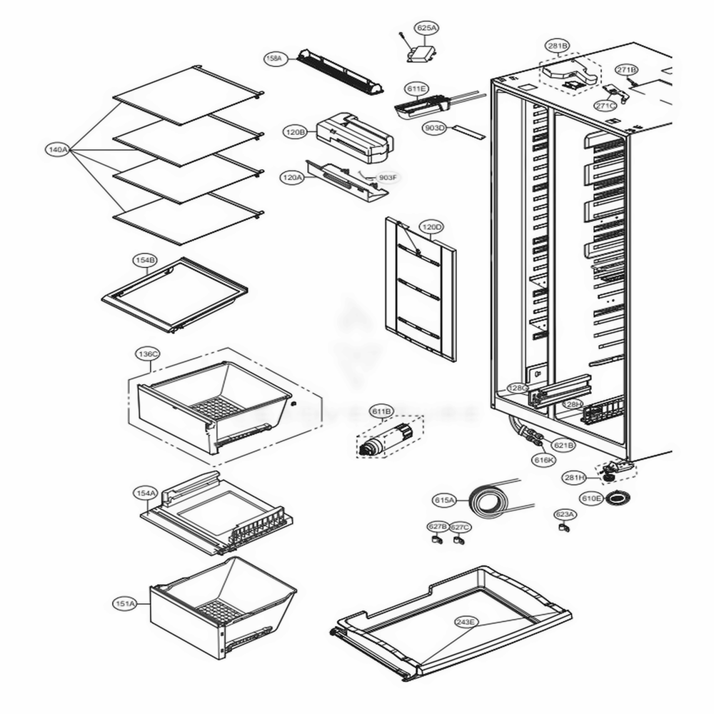 Refrigerator Compartment Diagram and Parts List for LSXC22326S ASTCNA0 LG Refrigerator