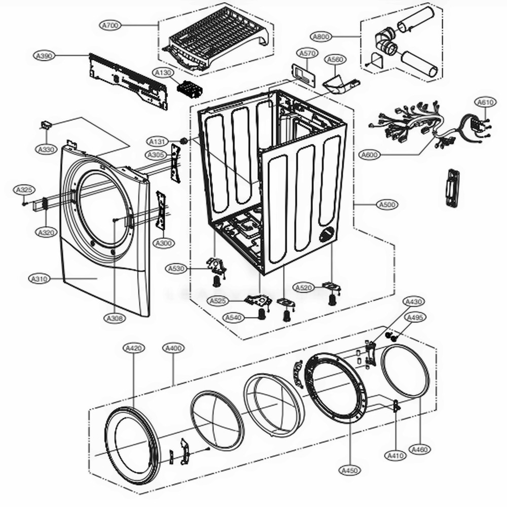 Cabinet And Door Assembly: Electric Type Diagram and Parts List for DLE3460V ASSEEUS LG Dryer