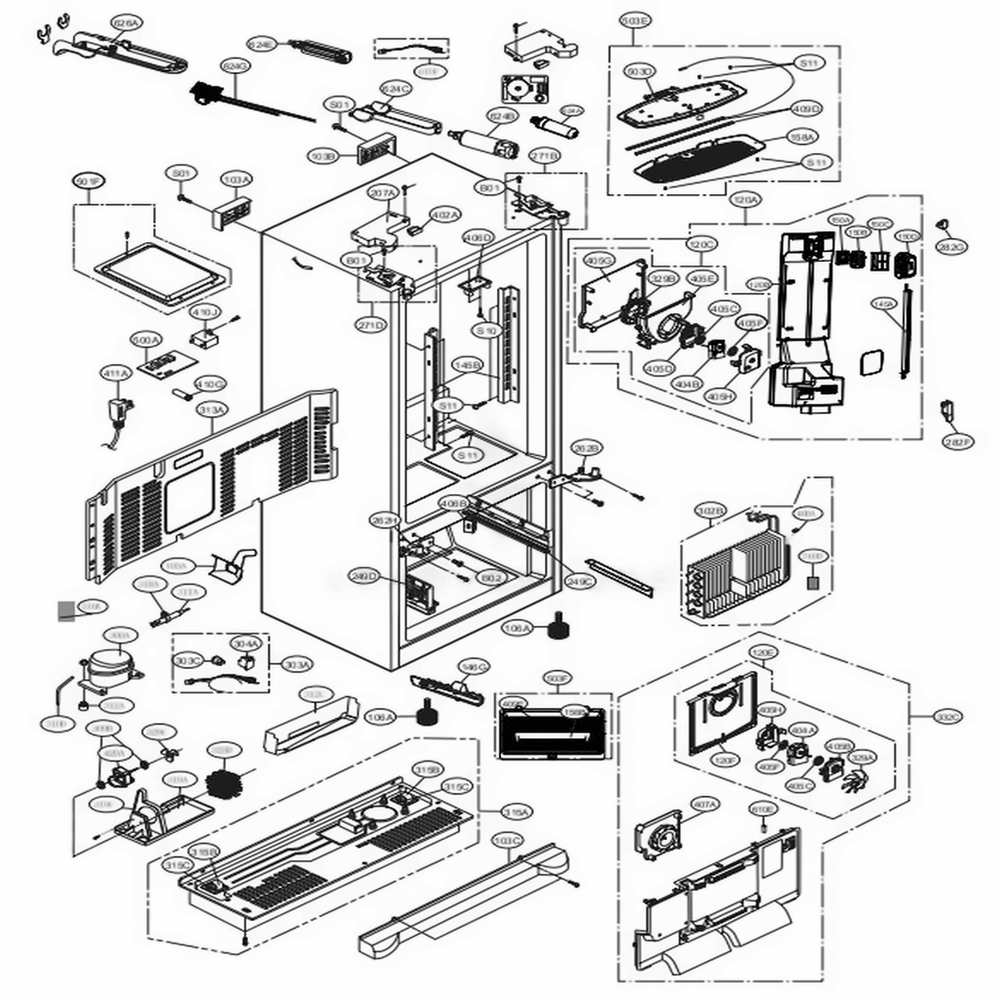 Case Parts Diagram and Parts List for LMXS27626D ASBCNA1 LG Refrigerator