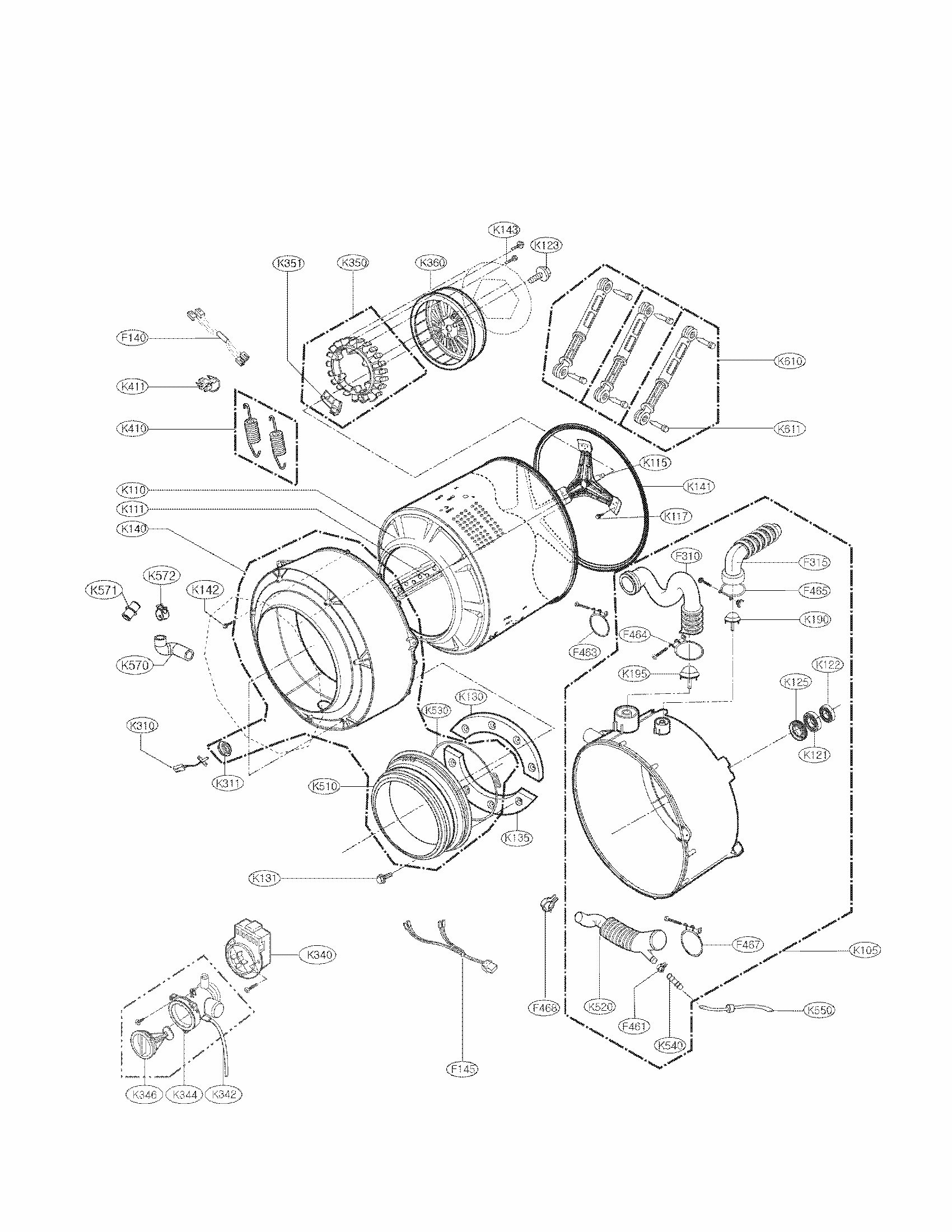 Drum And Tub Assembly Parts Diagram and Parts List for 79641172210  Kenmore Washer