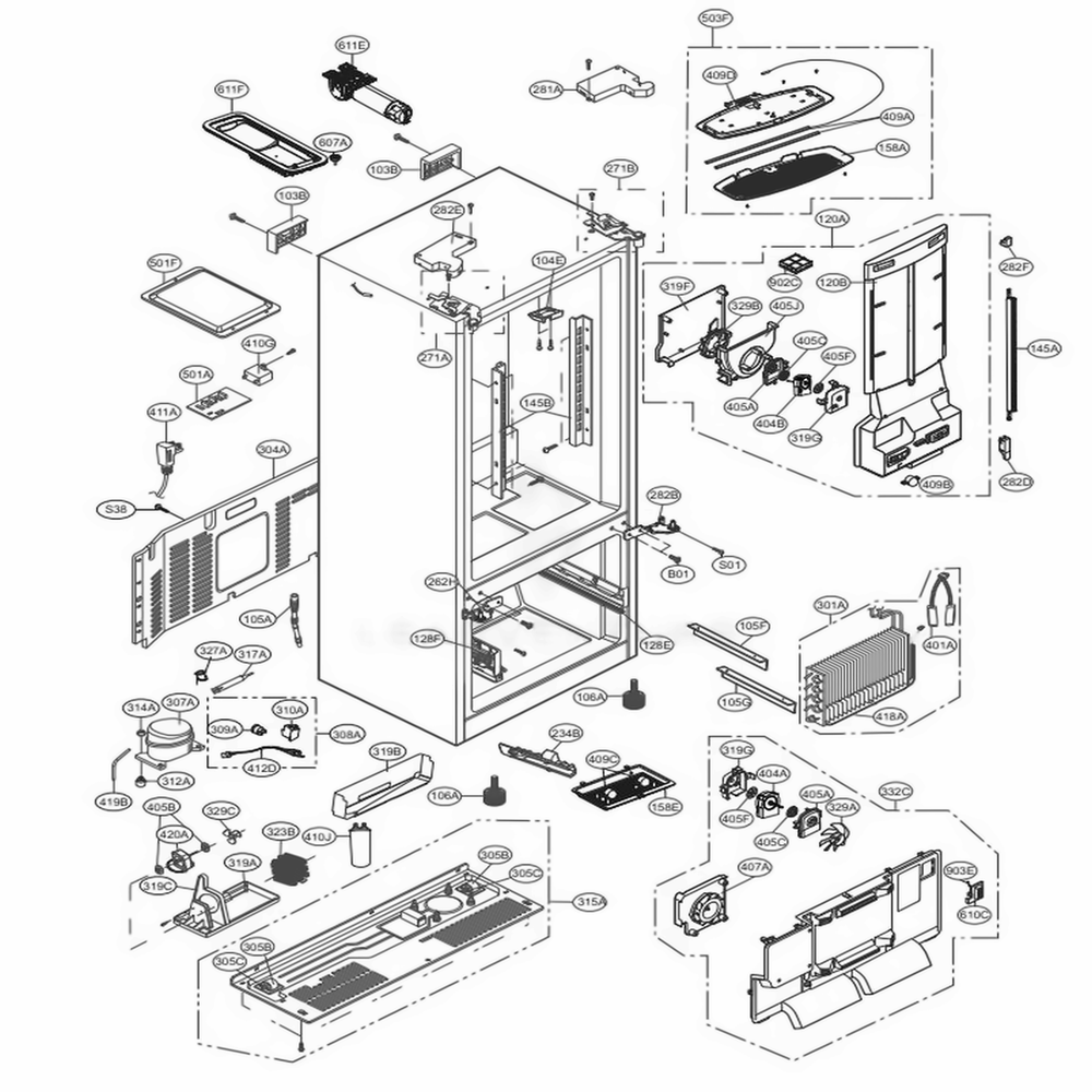 Case Parts Diagram and Parts List for LFXS24663S ASTCNA1 LG Refrigerator