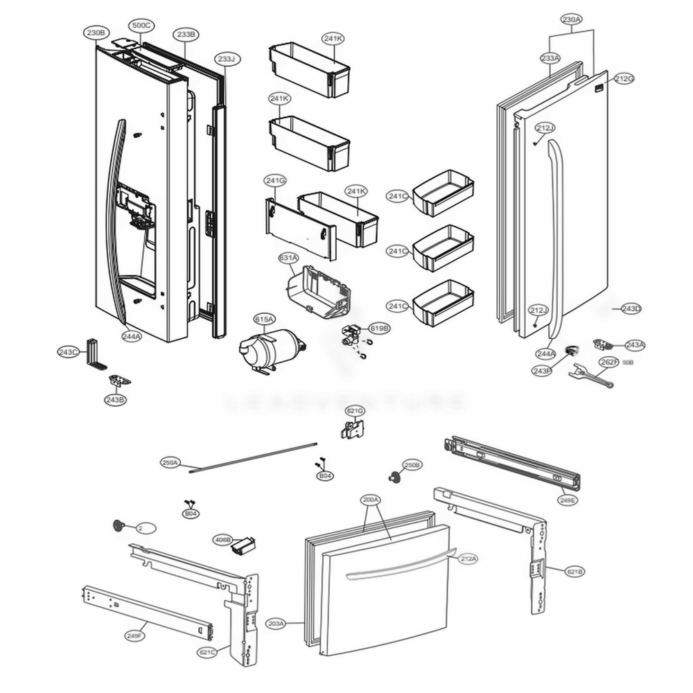 Door Parts Diagram and Parts List for 74147 ASBCSE0 LG Refrigerator
