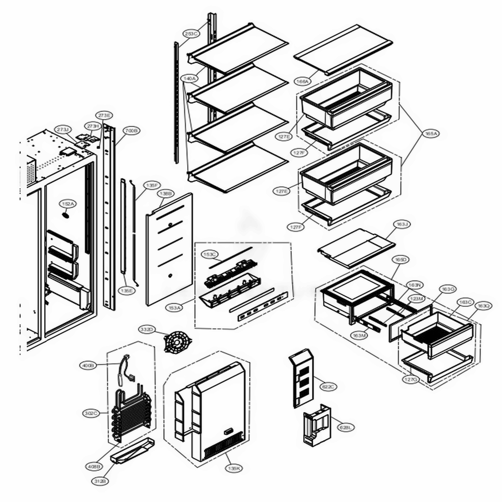 Refrigerator Compartment Diagram and Parts List for UPSXB2627S ASTCNA0 LG Refrigerator