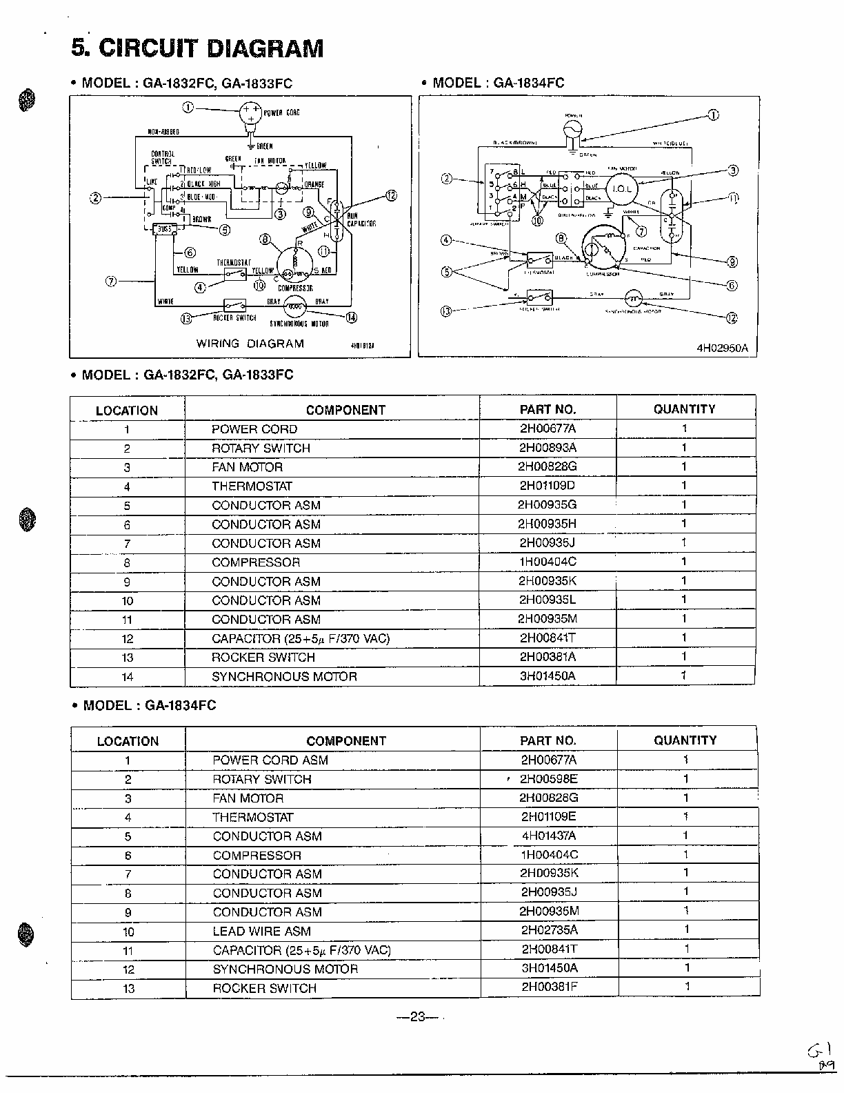 Circuit Diagram Diagram and Parts List for GA-1834FC  LG Air Conditioner