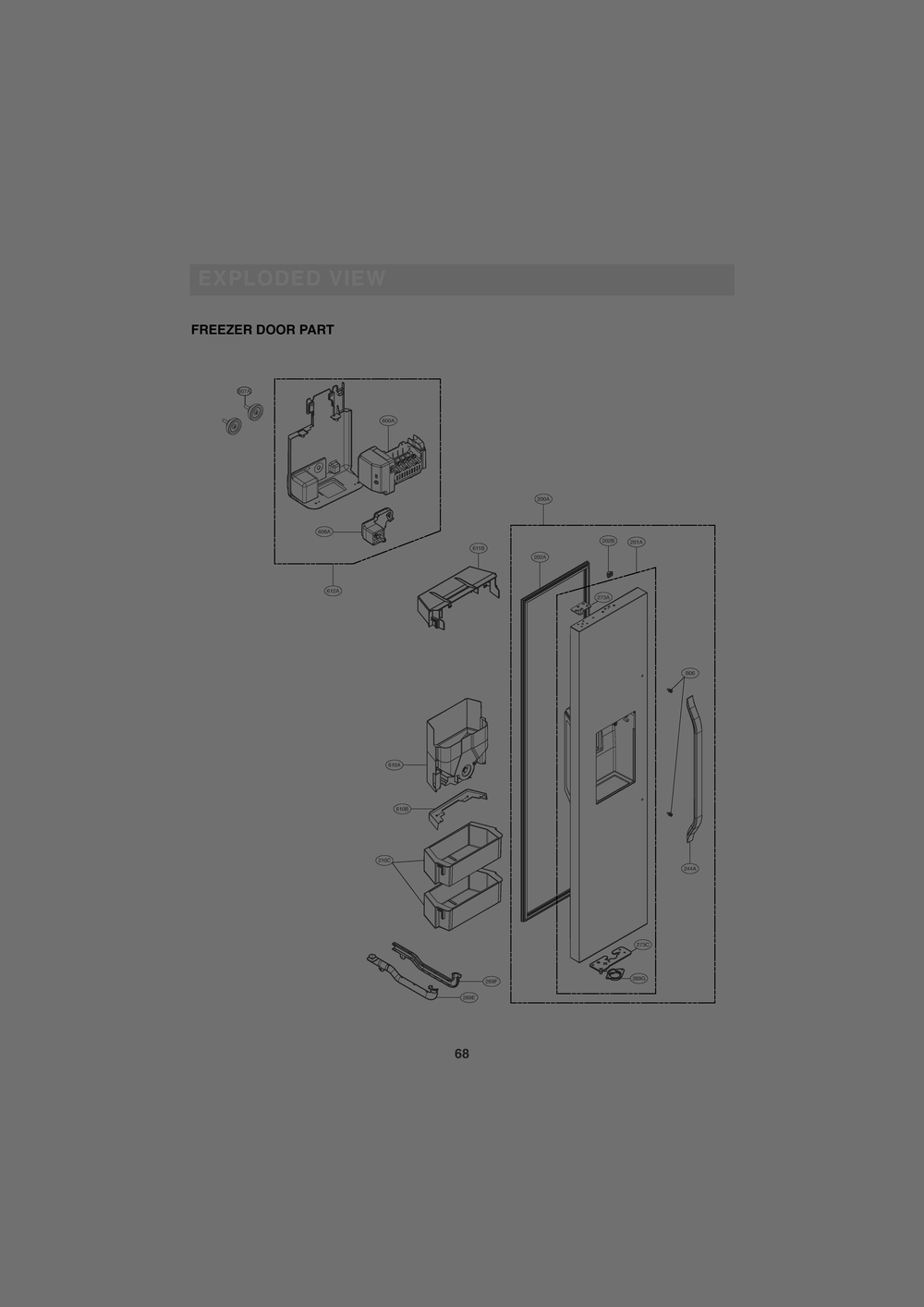 Freezer Door Part Diagram and Parts List for GR-L276SSDM ASTCNA0 LG Refrigerator