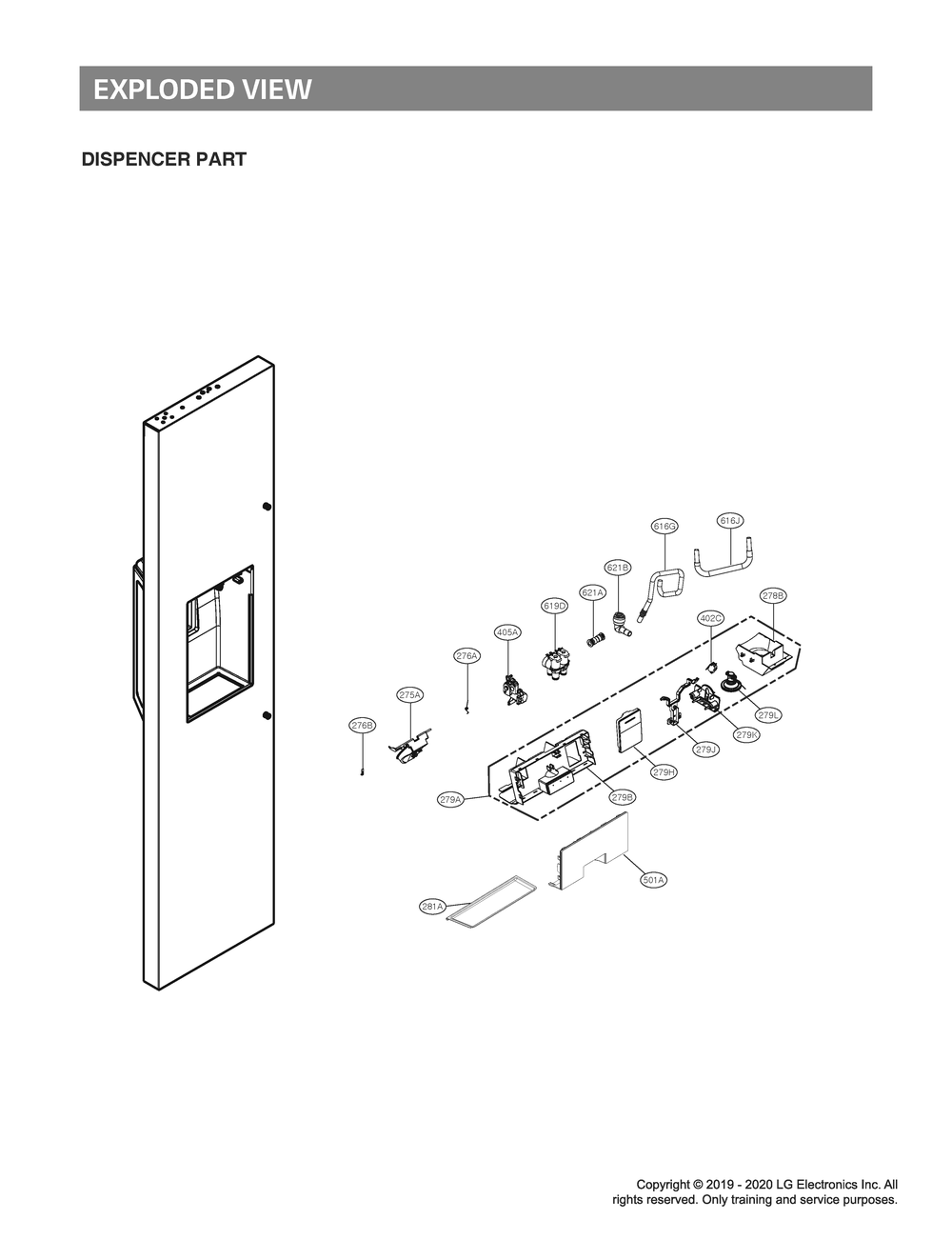 Dispenser Parts Diagram and Parts List for GR-L276DSMM ASTCNA2 LG Refrigerator