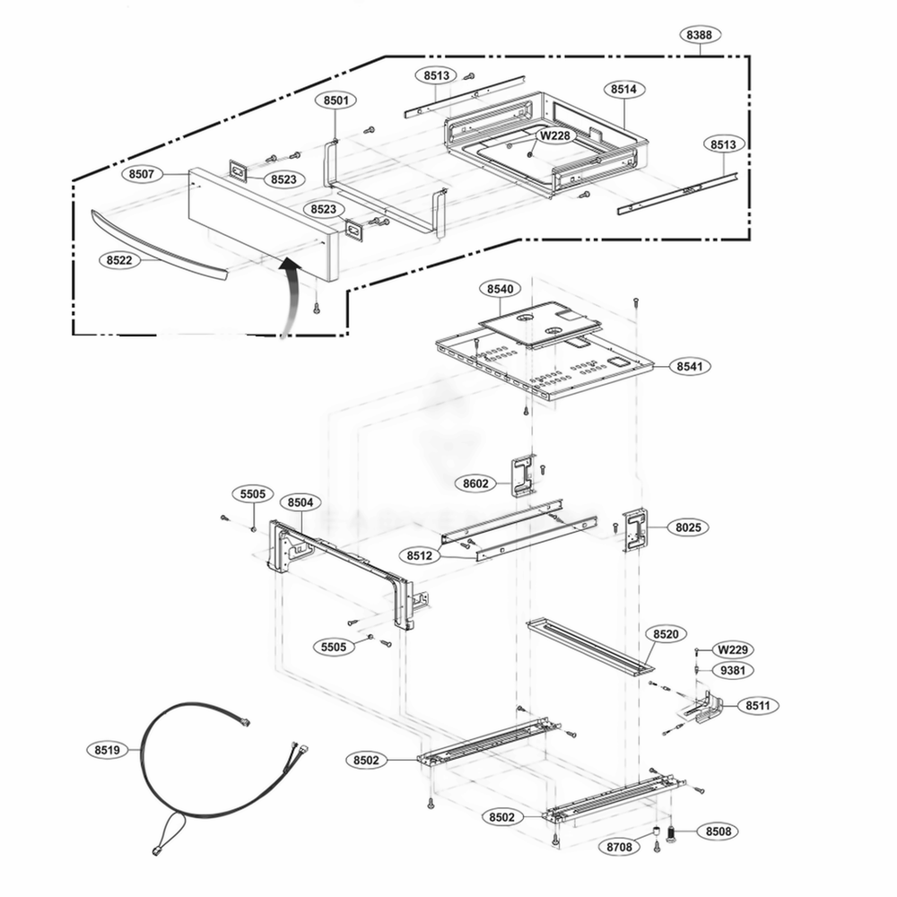 Drawer Parts Diagram and Parts List for LRG3095SB FB2ELGA LG Range