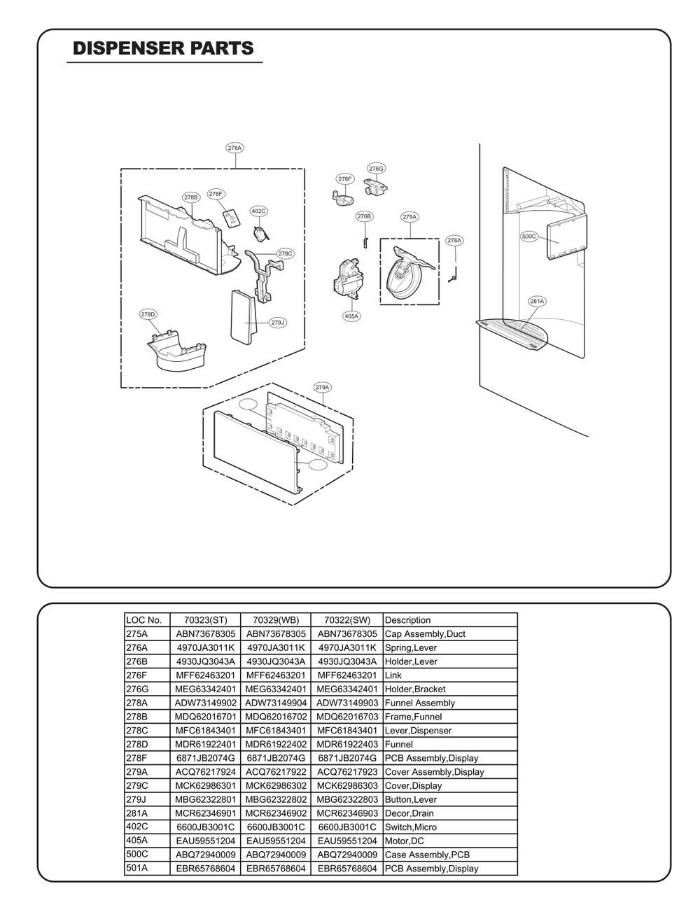 Dispenser Parts Diagram and Parts List for GC-L258VQXD ASWCSE2 LG Refrigerator