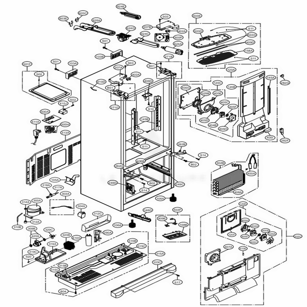 Case Parts Diagram and Parts List for 71063 ASTCSE2 LG Refrigerator