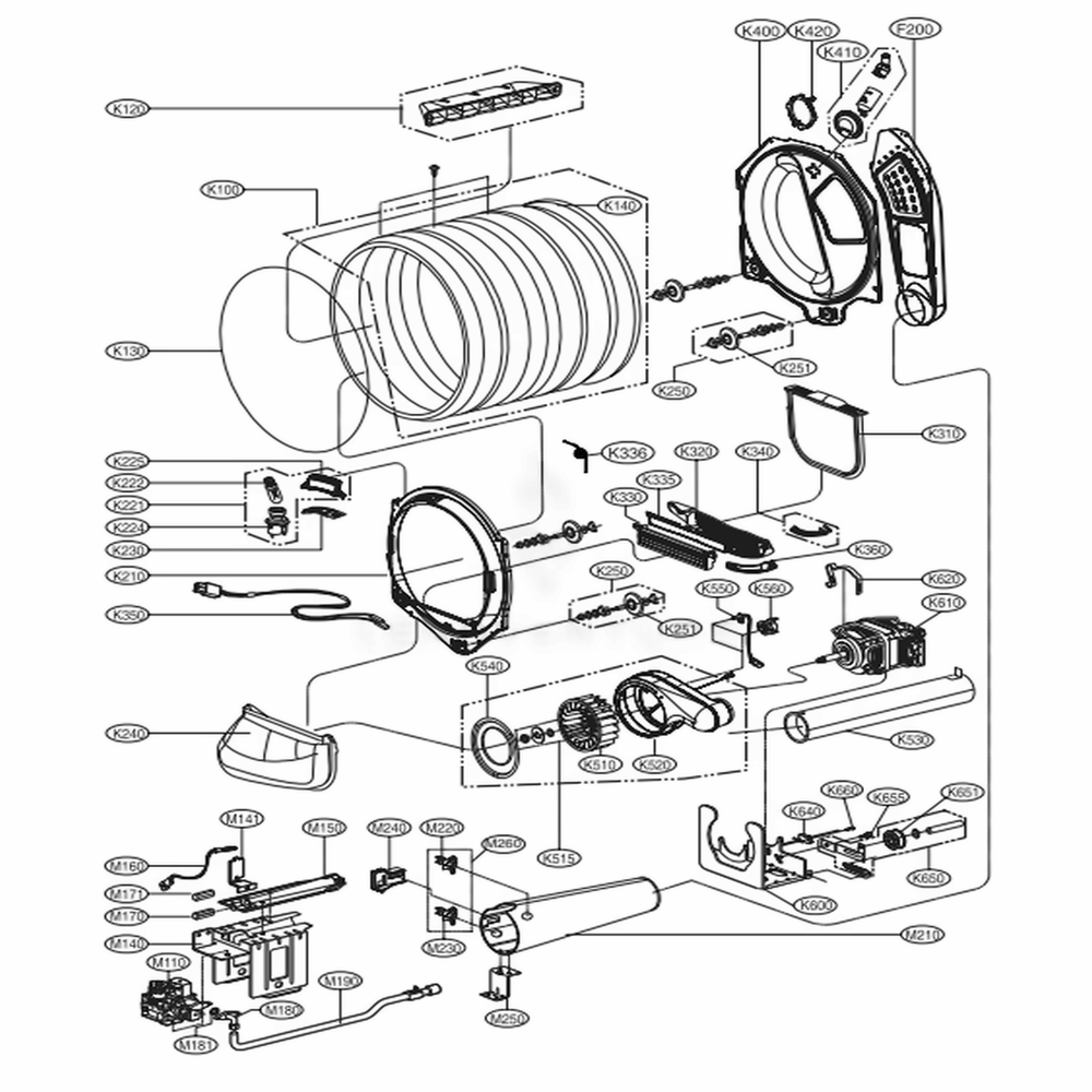Drum And Motor Assembly: Gas Type Diagram and Parts List for DLGX5681VE ASSEEUS LG Dryer