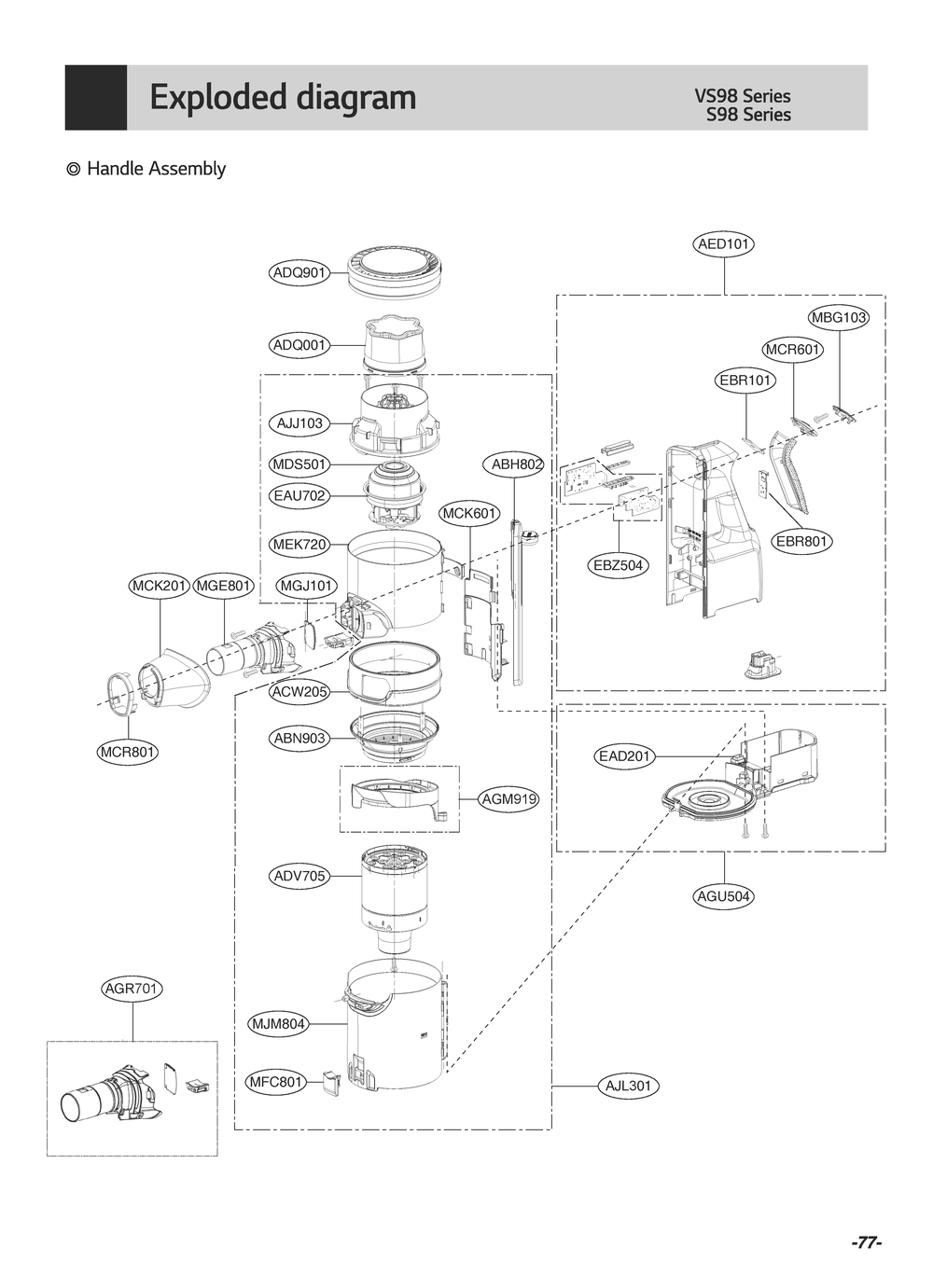 Handle Assembly Diagram and Parts List for A927KGMS BIGEECI LG Upright Vacuum