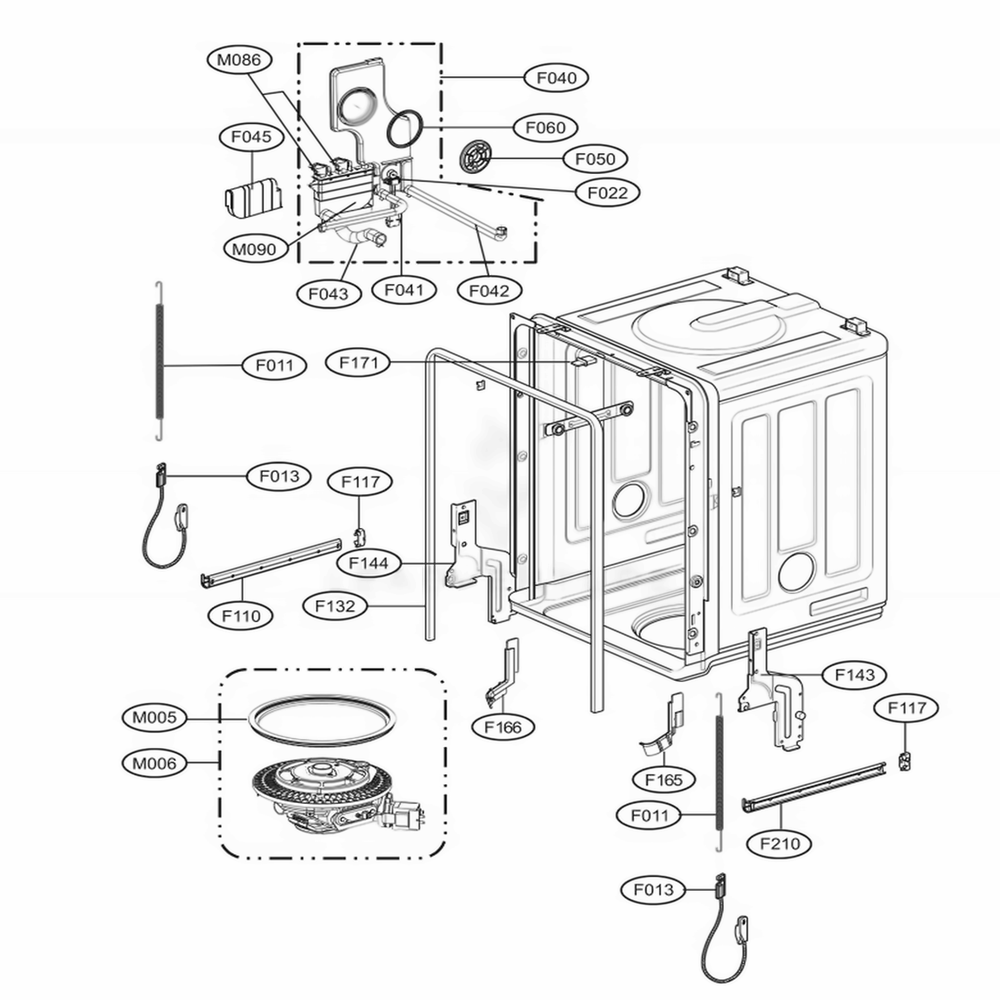 Tub Assembly Diagram and Parts List for LDS5040WW ABWEEUS LG Dishwasher